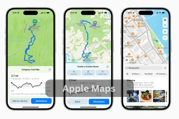 Apple Maps interface on an iPhone, showcasing a map view with directions and location markers for user navigation.