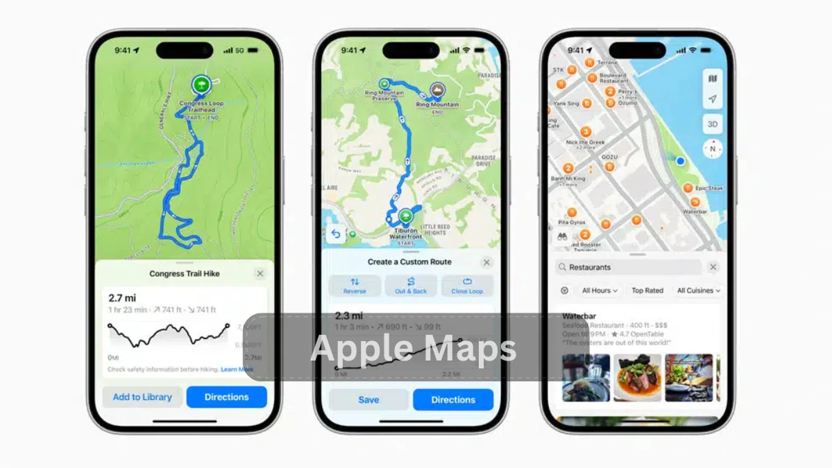 Apple Maps interface on an iPhone, showcasing a map view with directions and location markers for user navigation.
