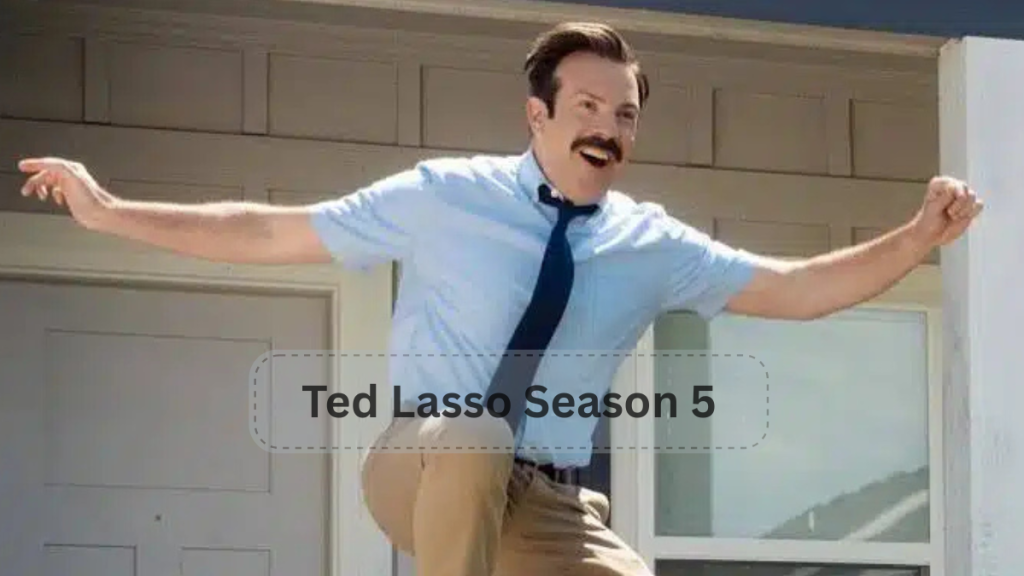 Ted Lasso, dressed in team colors, gestures enthusiastically on the pitch, embodying his motivational spirit in Season 5.