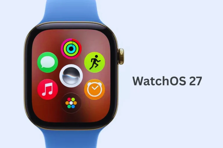 Apple Watch interface highlighting the release of watchOS27 beta 1 with updated icons and features.
